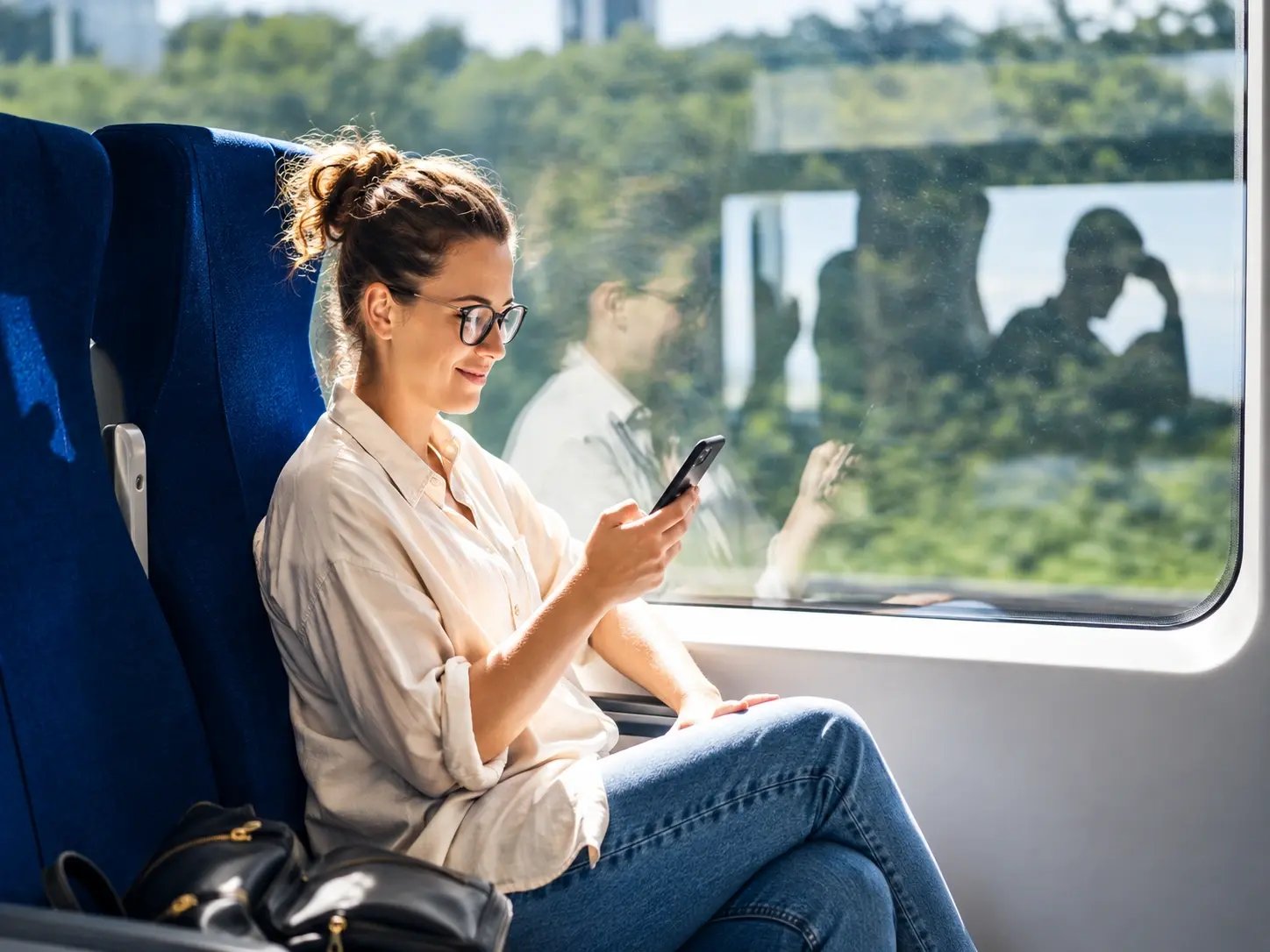 Female on phone on a train